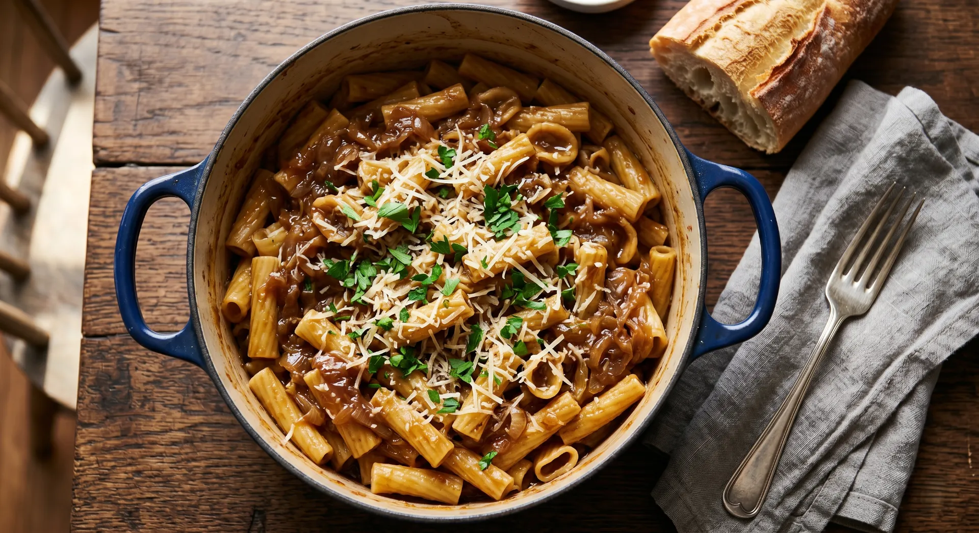 A Dutch oven filled with creamy French onion pasta topped with Parmesan cheese and fresh parsley