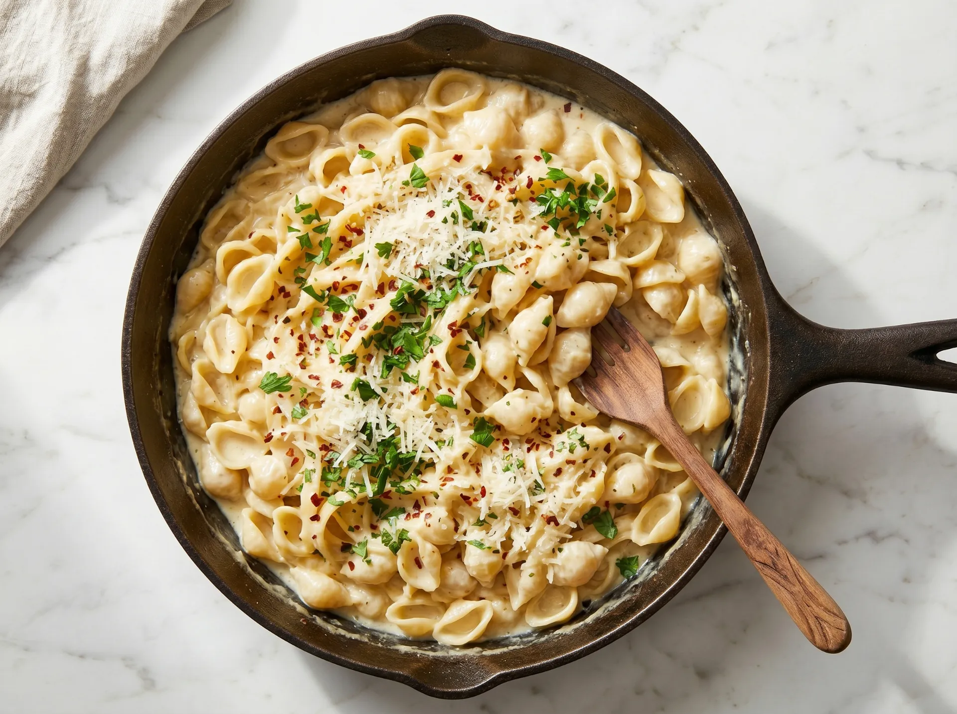 A pan of creamy one-pot garlic parmesan pasta garnished with fresh parsley and red chili flakes