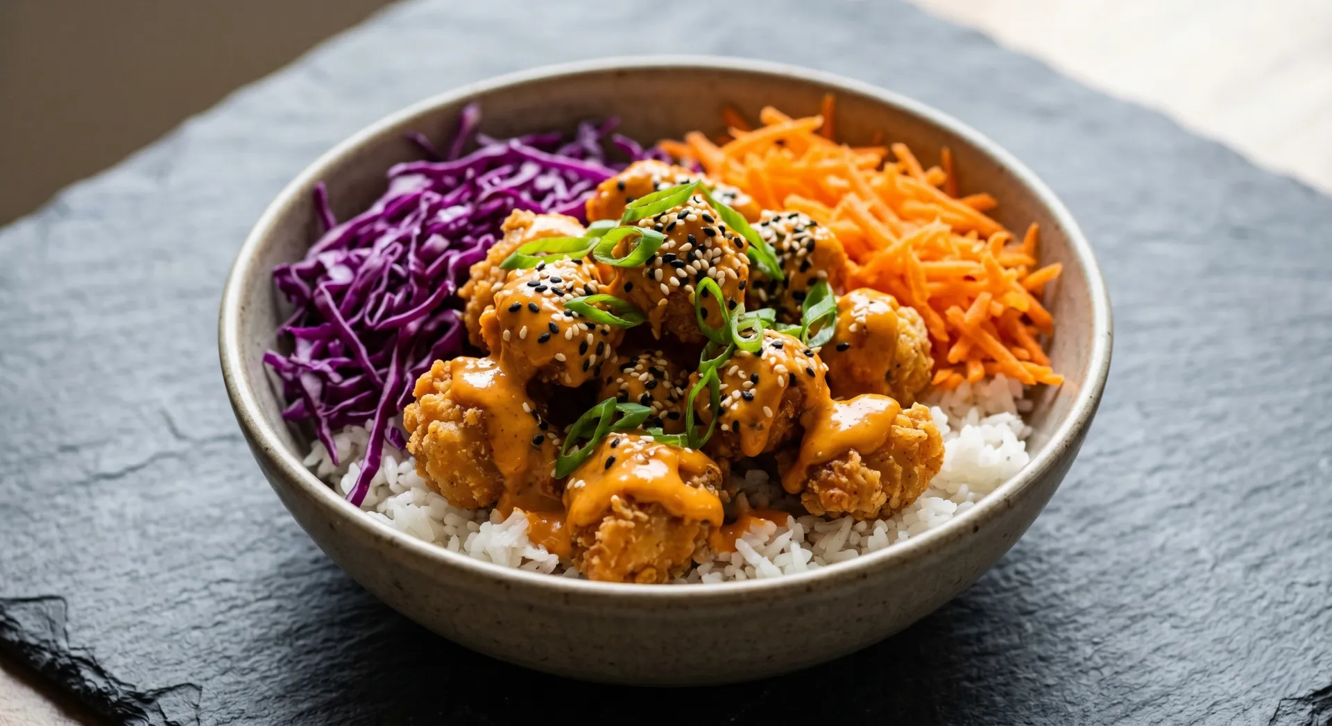 A vibrant bowl featuring crispy bang bang chicken drizzled with sauce, served alongside shredded purple cabbage and carrots over rice.