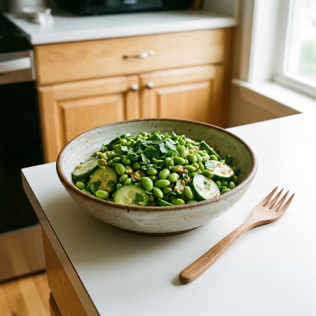 A colorful bowl of edamame, white beans, cucumber, and bell peppers tossed in miso dressing