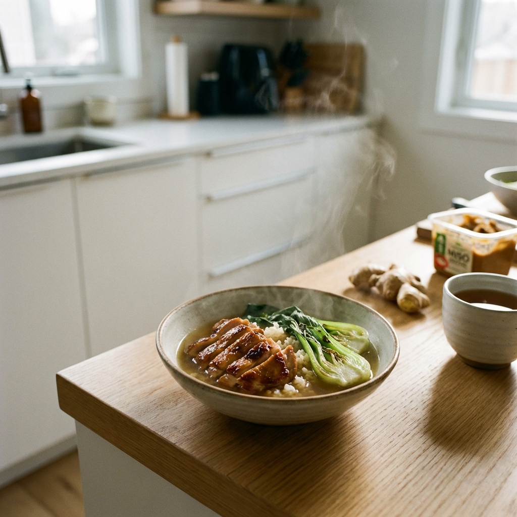 Golden caramelized chicken slices on sticky rice in a miso-ginger broth with charred pak choi
