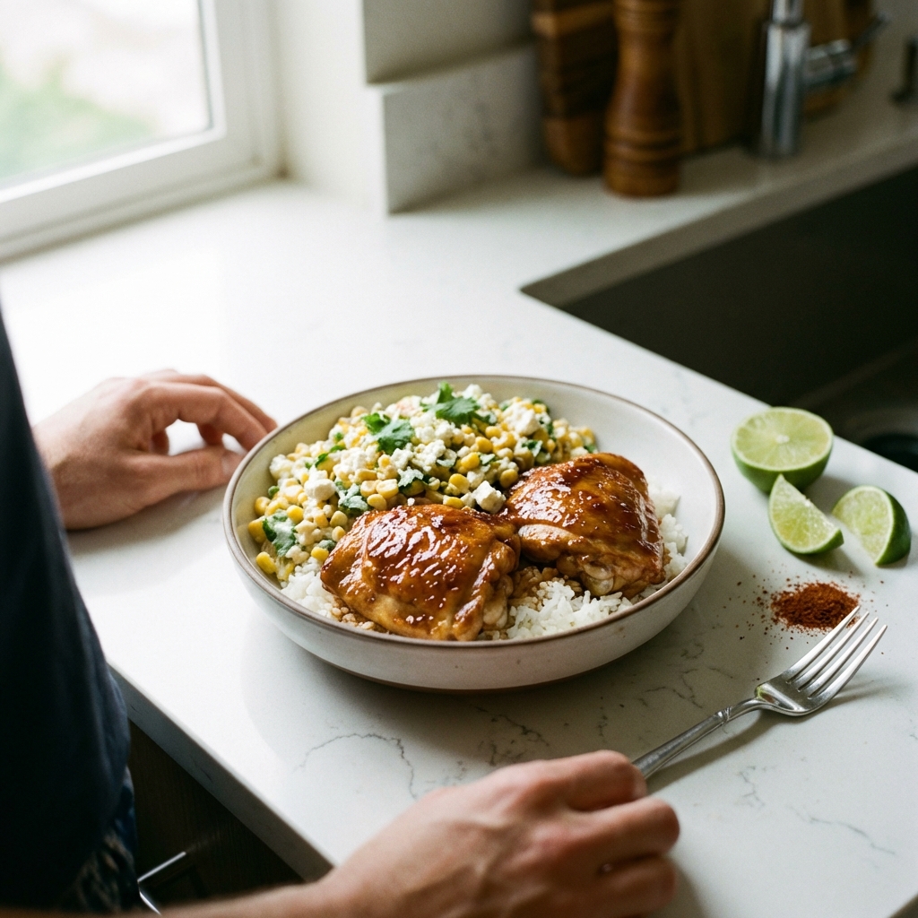 Bowl with rice, glazed chicken thighs, and creamy corn salad topping